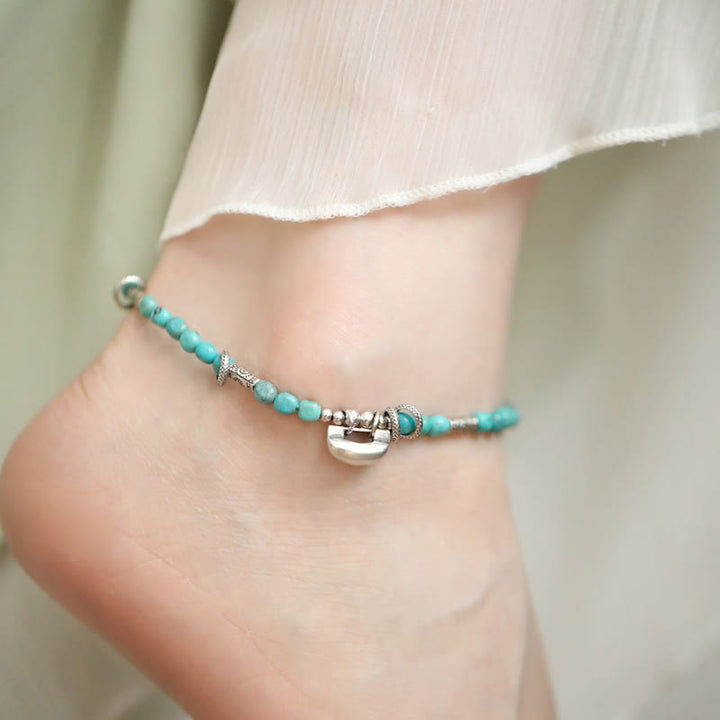 Buddha Stones 925 Sterling Silver Turquoise Small Beads Chinese Lock Charm Strength Anklet