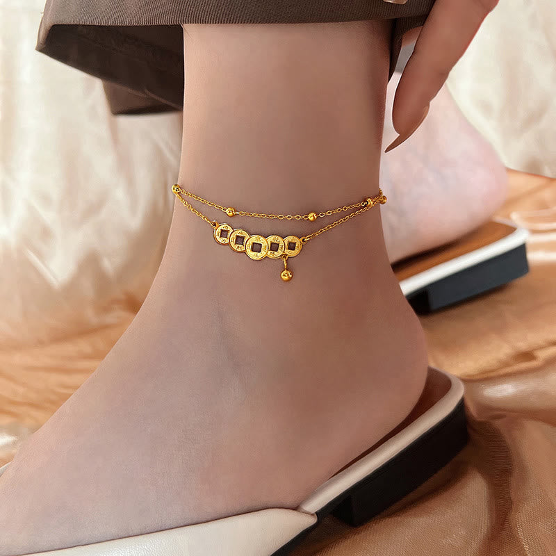 Buddha Stones Copper Coins Attract Wealth Titanium Steel Anklet