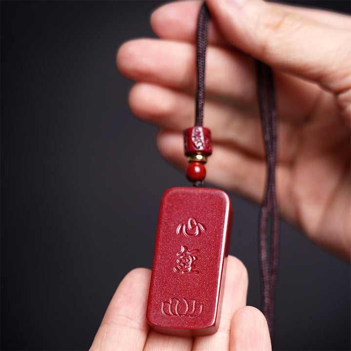 Buddha Stones Cinnabar Lotus Heart Sutra Engraved Blessing Rope Necklace Pendant