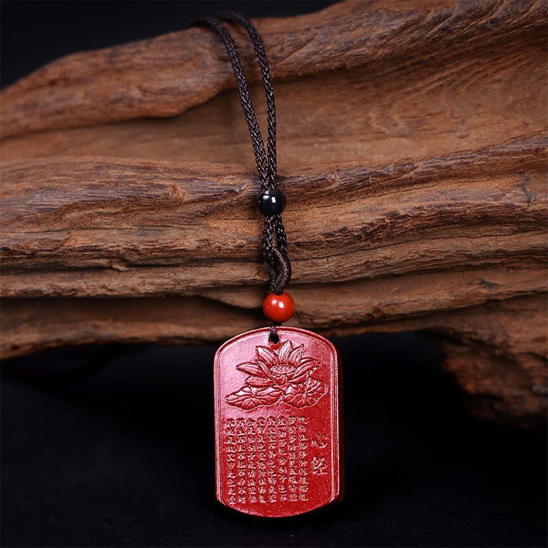 Buddha Stones Cinnabar Lotus Heart Sutra Engraved Blessing Rope Necklace Pendant - image 3