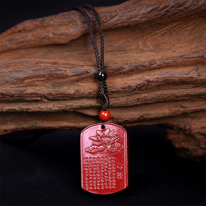 Buddha Stones Cinnabar Lotus Heart Sutra Engraved Blessing Rope Necklace Pendant - image 3