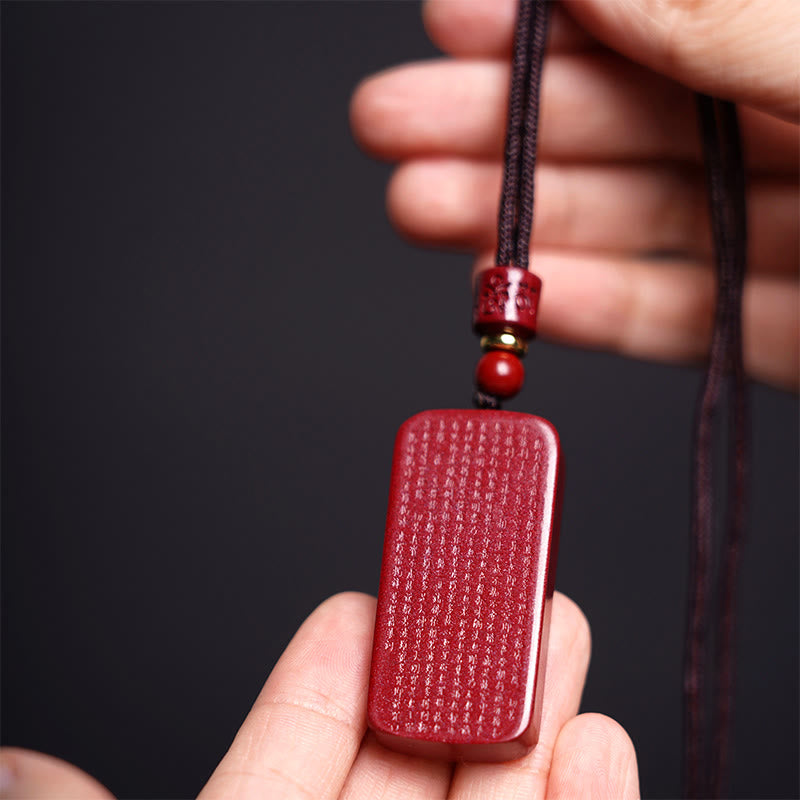 Buddha Stones Cinnabar Lotus Heart Sutra Engraved Blessing Rope Necklace Pendant