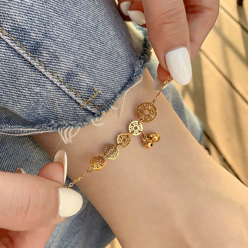 Buddha Stones Copper Coins Bell Charm Titanium Steel Strengthen Anklet - image 5
