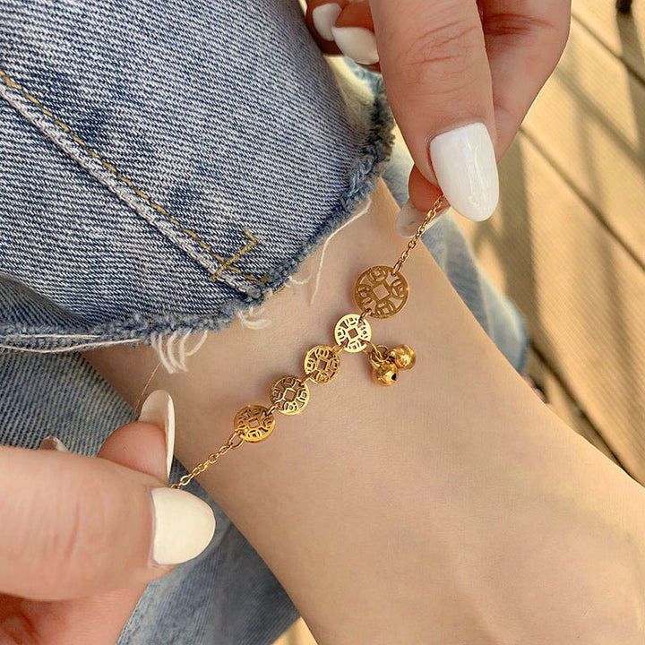 Buddha Stones Copper Coins Bell Charm Titanium Steel Strengthen Anklet - image 5