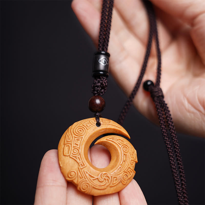 Buddha Stones Ebony Wood Sandalwood One's Luck Improves Design Pattern Peace Necklace Pendant