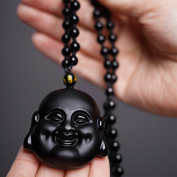 Buddha Stones Natural Black Obsidian Laughing Buddha Purification Necklace Pendant