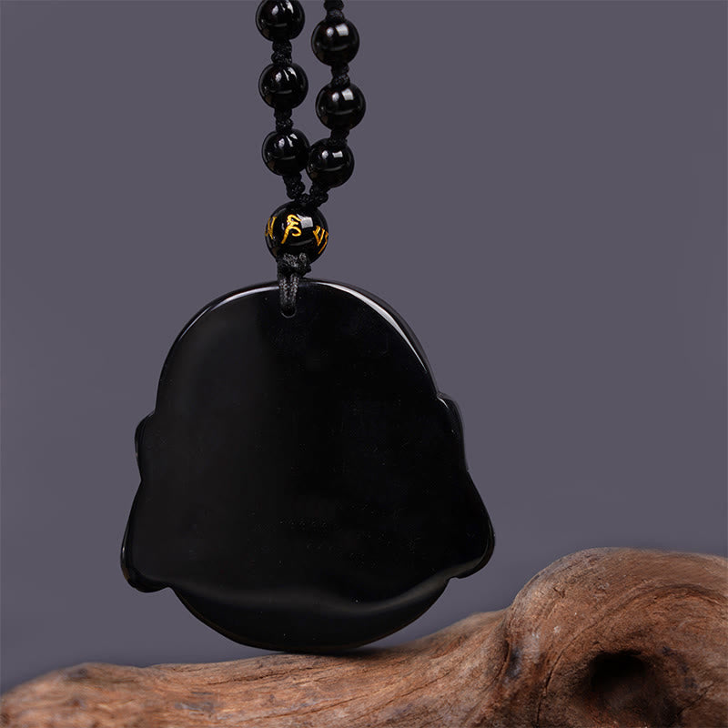 Buddha Stones Natural Black Obsidian Laughing Buddha Purification Necklace Pendant