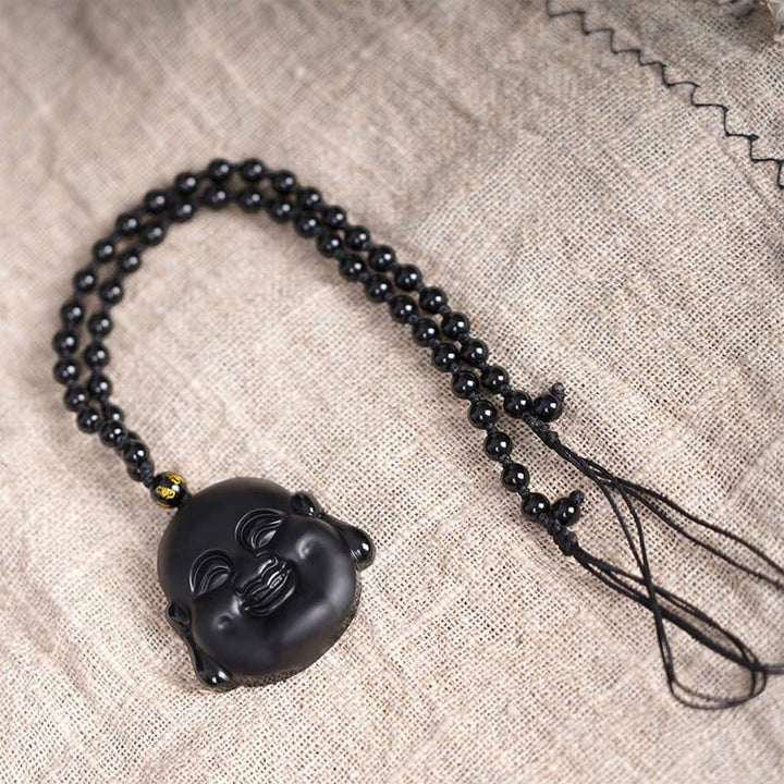 Buddha Stones Natural Black Obsidian Laughing Buddha Purification Necklace Pendant