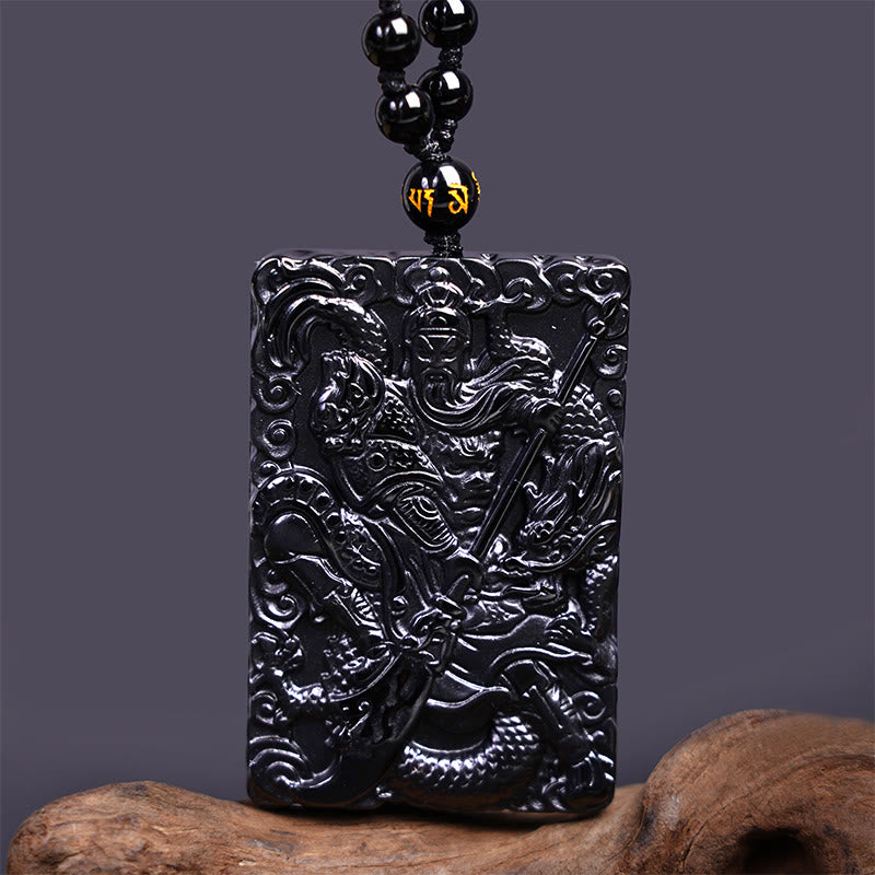 Buddha Stones Black Obsidian Guan Gong Amulet Engraved Strength Necklace Pendant