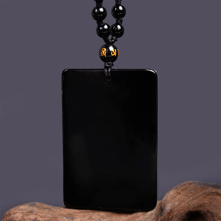 Buddha Stones Black Obsidian Guan Gong Amulet Engraved Strength Necklace Pendant