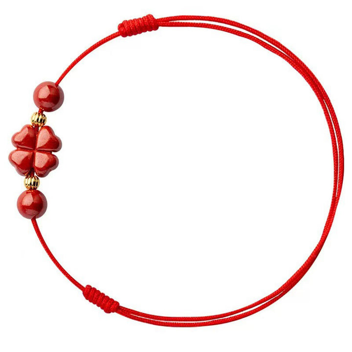 Buddha Stones Cinnabar Four Leaf Clover Blessing String Rope Anklet