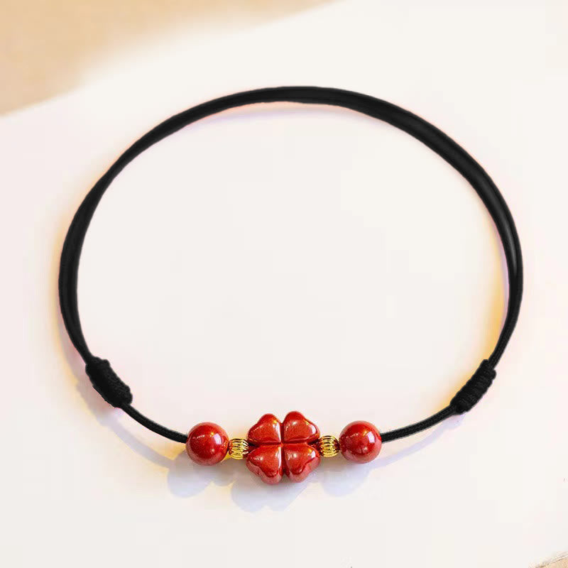 Buddha Stones Cinnabar Four Leaf Clover Blessing String Rope Anklet