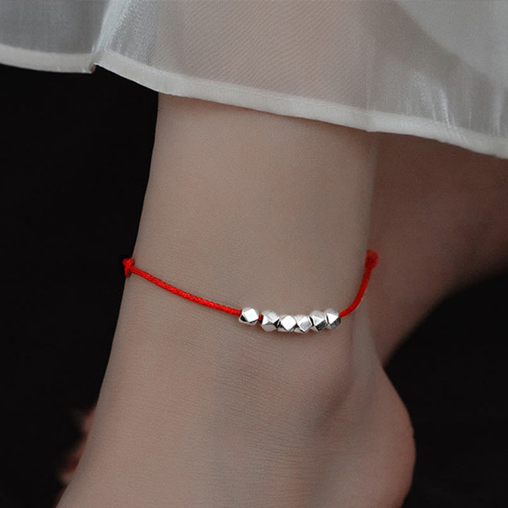 Buddha Stones 925 Sterling Silver Beads Luck Protection Braid Rope Anklet - Red Anklet(Circumference 30cm) - image 0