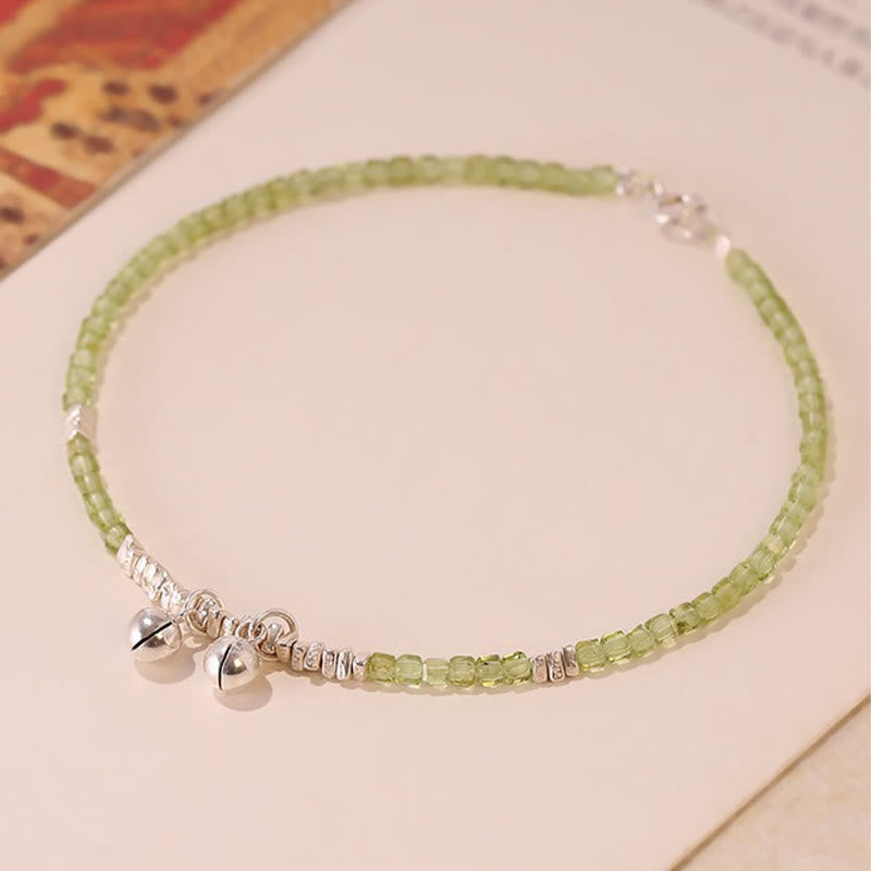 Buddha Stones 925 Sterling Silver Natural Peridot Square Beads Peace Anklet