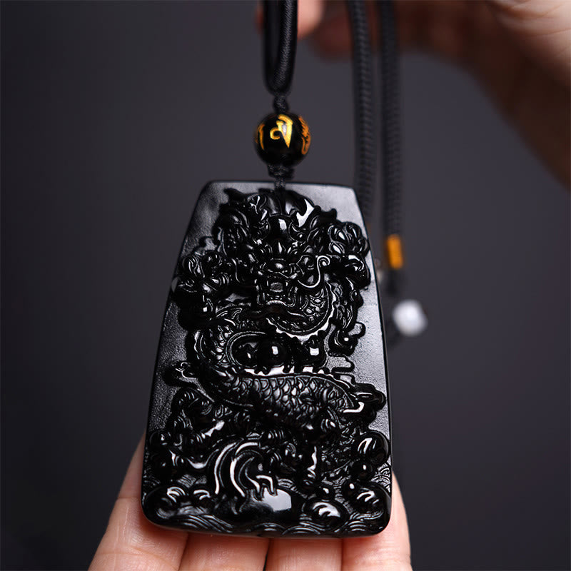 Buddha Stones Black Obsidian Dragon Carved Luck Protection Necklace Pendant