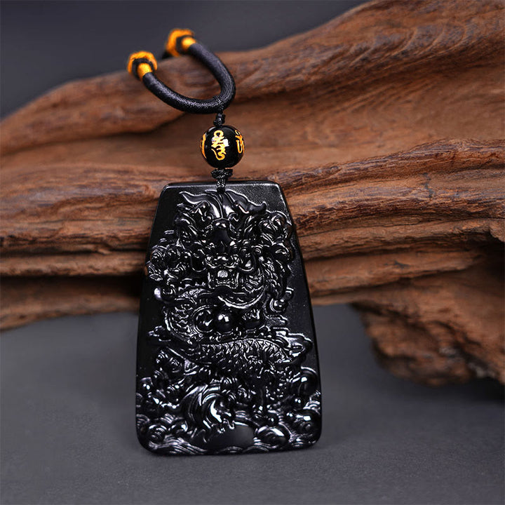 Buddha Stones Black Obsidian Dragon Carved Luck Protection Necklace Pendant