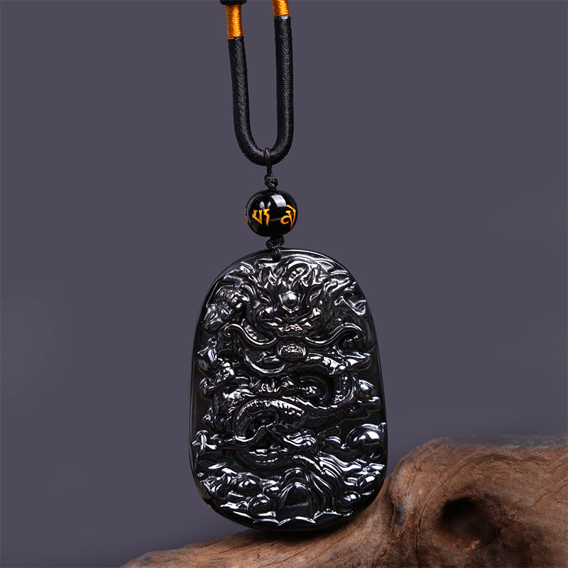 Buddha Stones Black Obsidian Dragon Carved Luck Protection Necklace Pendant - Oval Dragon 58mm*41mm - image 1