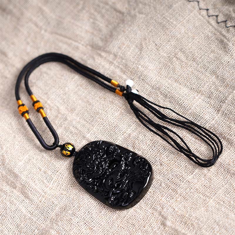 Buddha Stones Black Obsidian Dragon Carved Luck Protection Necklace Pendant