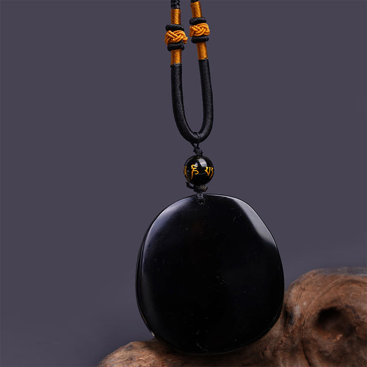 Buddha Stones Natural Black Obsidian Round Dragon Carved Protection Necklace Pendant