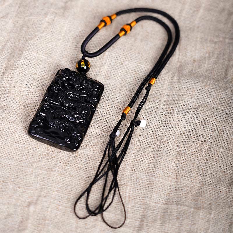 Buddha Stones Natural Black Obsidian Rectangular Dragon Engraved Success Necklace Pendant - image 6