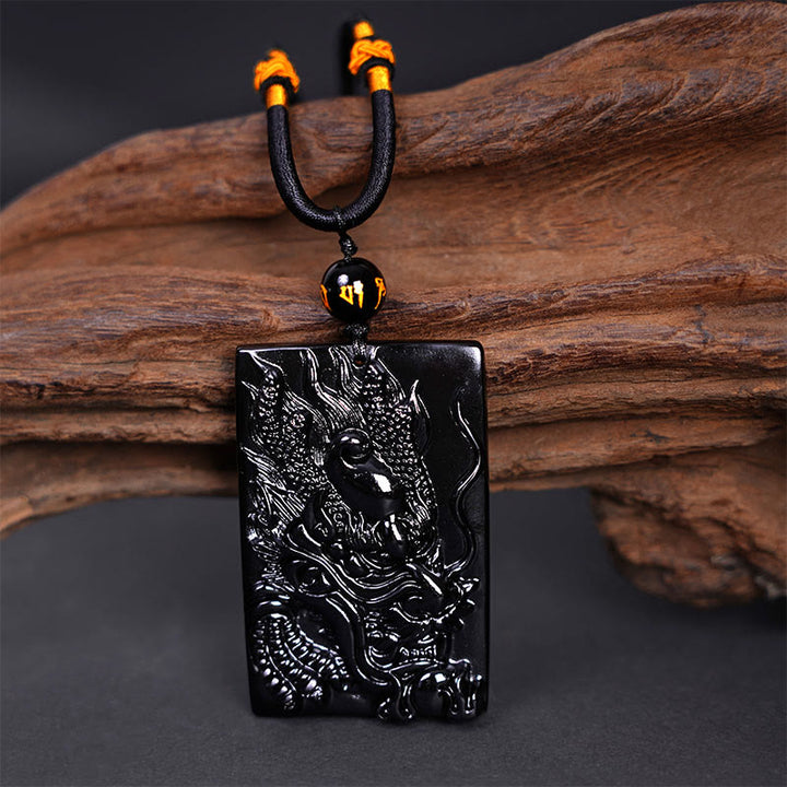 Buddha Stones Natural Black Obsidian Rectangular Dragon Engraved Success Necklace Pendant