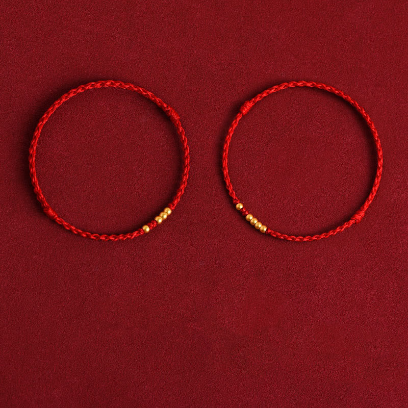 Buddha Stones 999 Gold Beads Luck Braided Protection Couple Bracelet - Red Rope(One&Four Gold Beads and One&Three Gold Beads) - 24cm - image 17