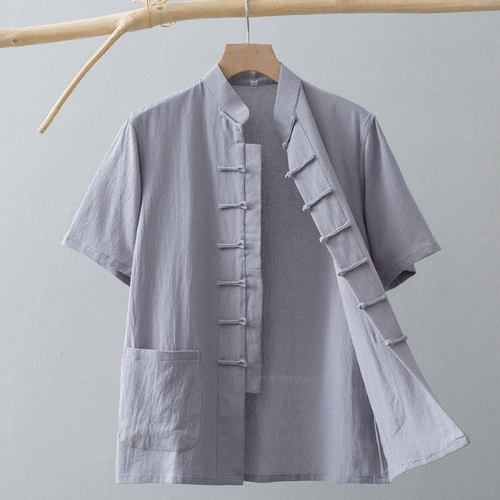 Buddha Stones Chinese Frog-Button Tang Suit Men's Short Sleeve Shirt Cotton Linen Clothing With Pockets