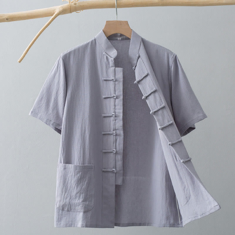 Buddha Stones Chinese Frog-Button Tang Suit Men's Short Sleeve Shirt Cotton Linen Clothing With Pockets - LightGrey - US/UK/AU44，EU54 (4XL) - image 9