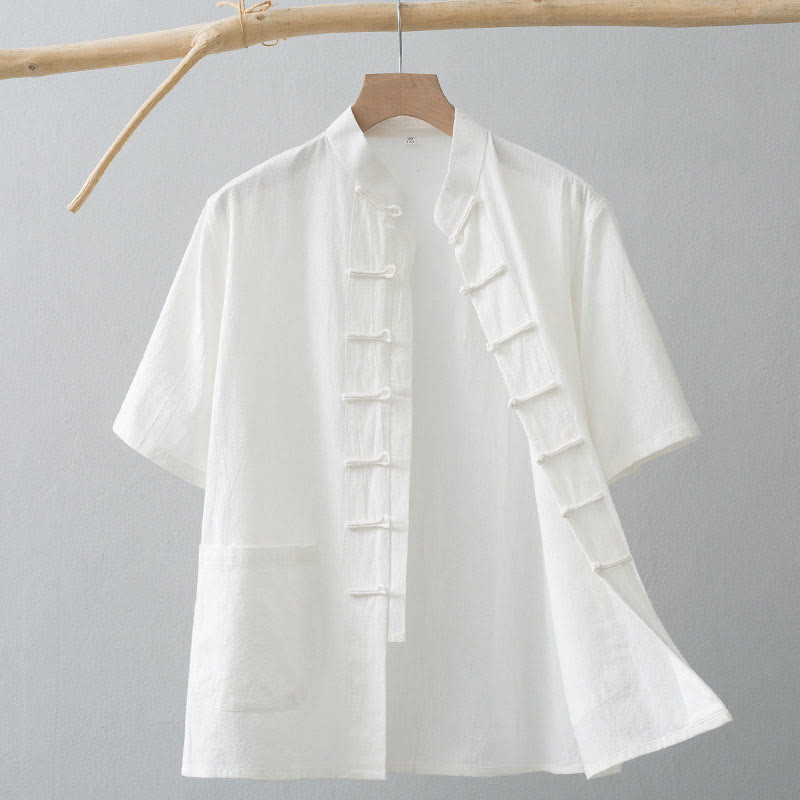 Buddha Stones Chinese Frog-Button Tang Suit Men's Short Sleeve Shirt Cotton Linen Clothing With Pockets - White - US/UK/AU44，EU54 (4XL) - image 0