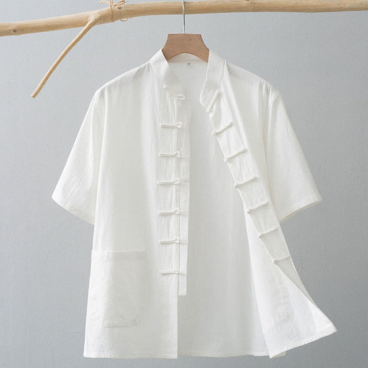 Buddha Stones Chinese Frog-Button Tang Suit Men's Short Sleeve Shirt Cotton Linen Clothing With Pockets - White - US/UK/AU44，EU54 (4XL) - image 0