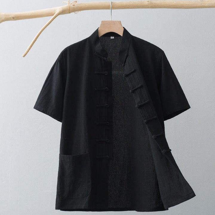 Buddha Stones Chinese Frog-Button Tang Suit Men's Short Sleeve Shirt Cotton Linen Clothing With Pockets - Black - US/UK/AU44，EU54 (4XL) - image 15