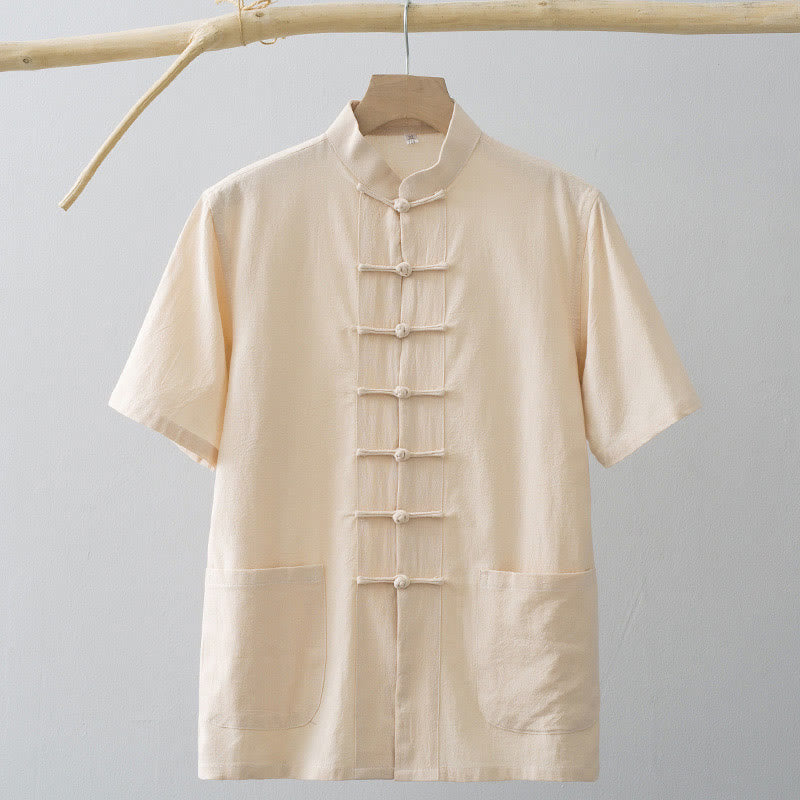 Buddha Stones Chinese Frog-Button Tang Suit Men's Short Sleeve Shirt Cotton Linen Clothing With Pockets - image 12