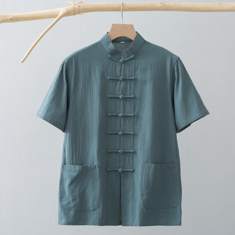 Buddha Stones Chinese Frog-Button Tang Suit Men's Short Sleeve Shirt Cotton Linen Clothing With Pockets