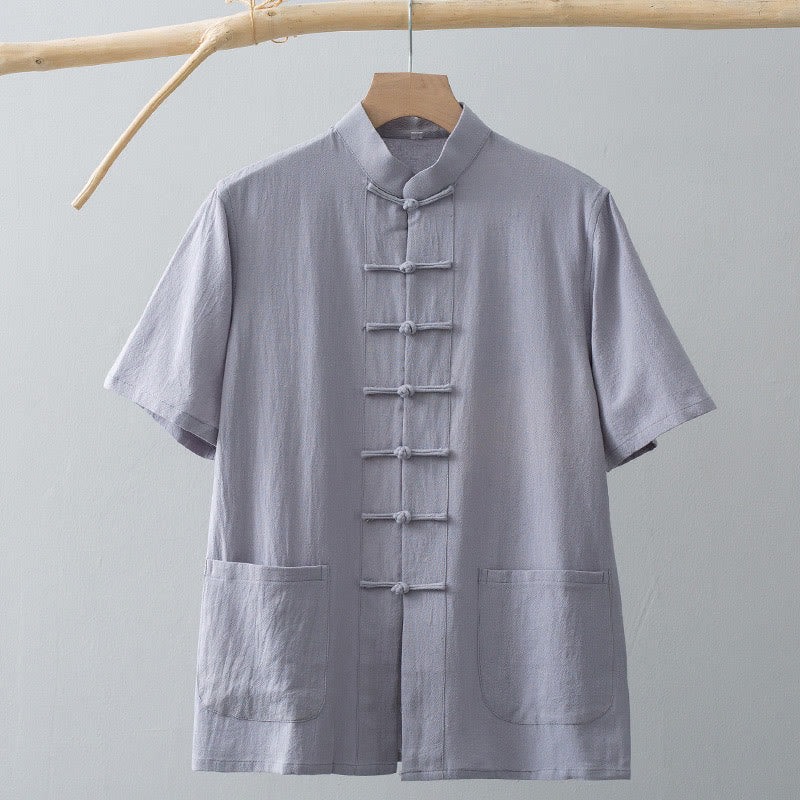 Buddha Stones Chinese Frog-Button Tang Suit Men's Short Sleeve Shirt Cotton Linen Clothing With Pockets