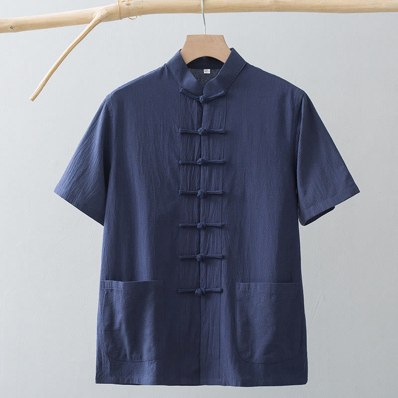 Buddha Stones Chinese Frog-Button Tang Suit Men's Short Sleeve Shirt Cotton Linen Clothing With Pockets - image 14