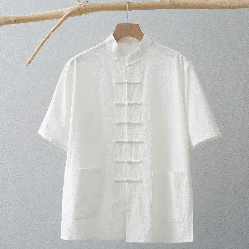 Buddha Stones Chinese Frog-Button Tang Suit Men's Short Sleeve Shirt Cotton Linen Clothing With Pockets - image 1