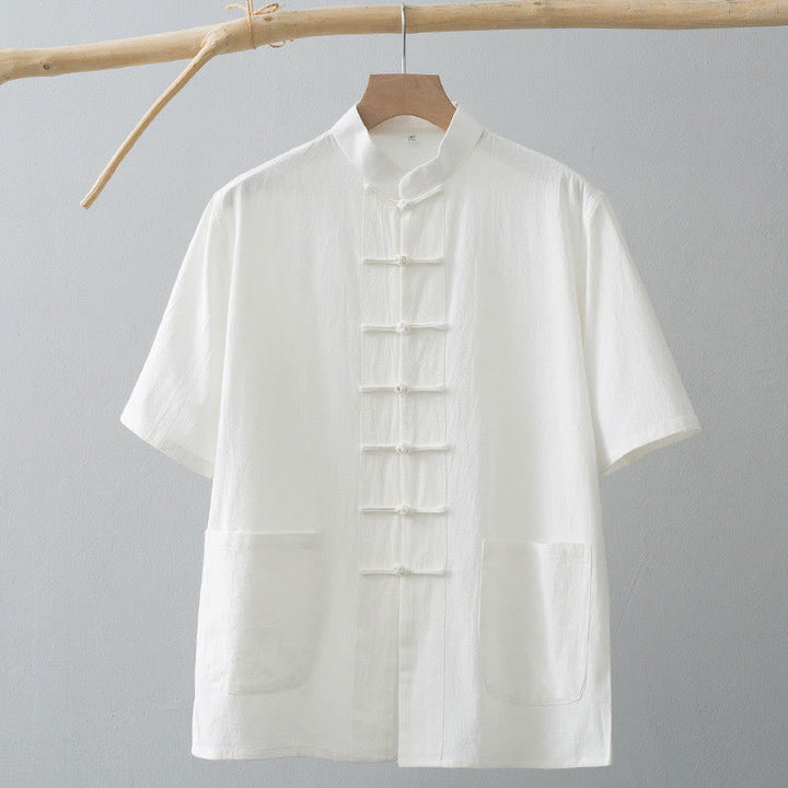 Buddha Stones Chinese Frog-Button Tang Suit Men's Short Sleeve Shirt Cotton Linen Clothing With Pockets - image 1
