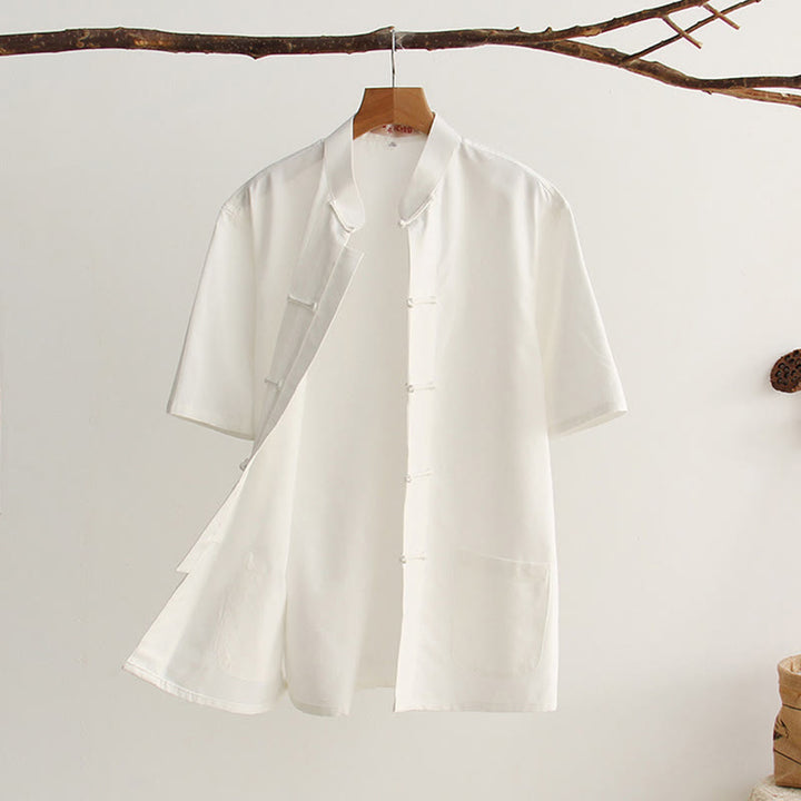 Buddha Stones Chinese Frog-Button Tang Suit Men's Short Sleeve Cotton Shirt With Pockets - White - US/UK/AU44，EU54 (4XL) - image 0