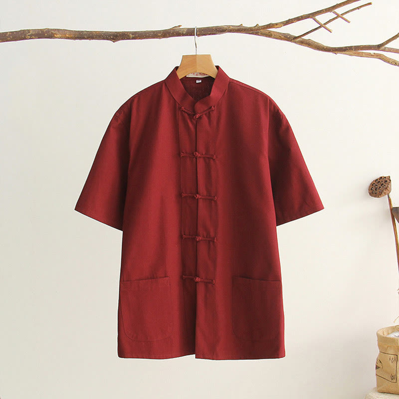 Buddha Stones Chinese Frog-Button Tang Suit Men's Short Sleeve Cotton Shirt With Pockets - IndianRed - US/UK/AU44，EU54 (4XL) - image 16