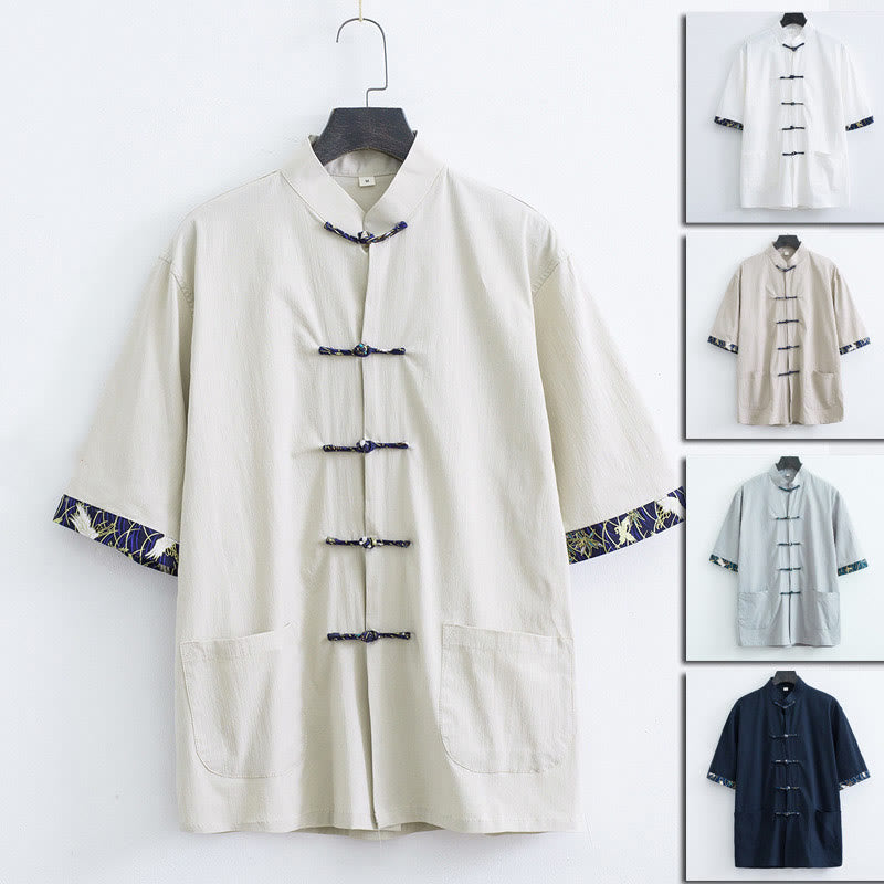 Buddha Stones Frog-Button Tang Suit Men's Short Sleeve Cotton Shirt White Crane Cuffs Clothing With Pockets