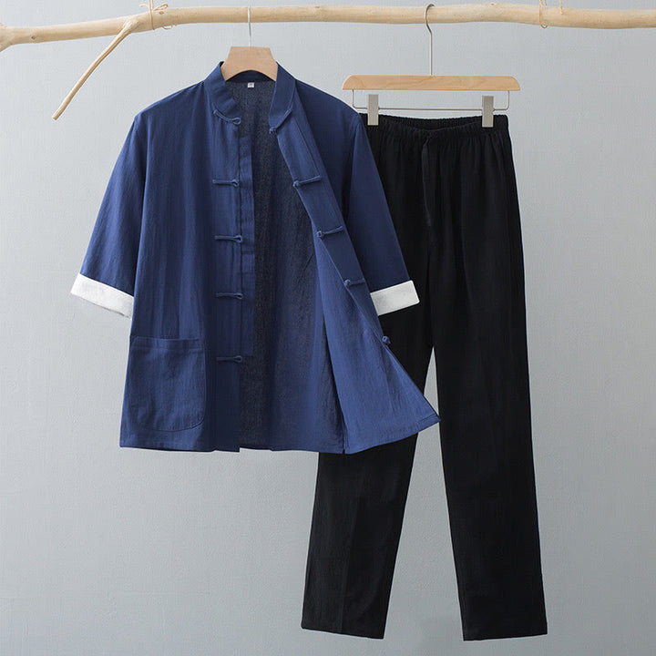 Buddha Stones Traditional Frog Tang Suit Cotton Half Sleeve Top Pants Clothing Men's Set - Navy Blue Top&Black Pants - US/UK/AU44，EU54 (4XL)  - image 8