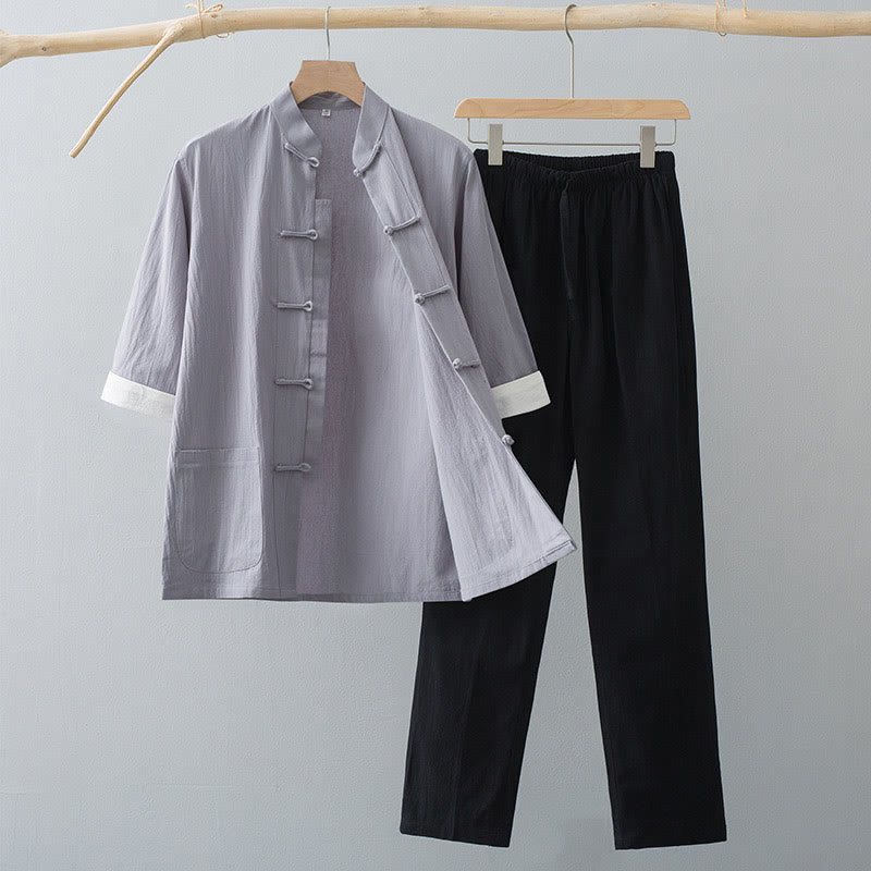 Buddha Stones Traditional Frog-Button Tang Suit Cotton Half Sleeve Top Pants Clothing Men's Set - Gray Top&Black Pants - US/UK/AU44，EU54 (4XL)  - image 7