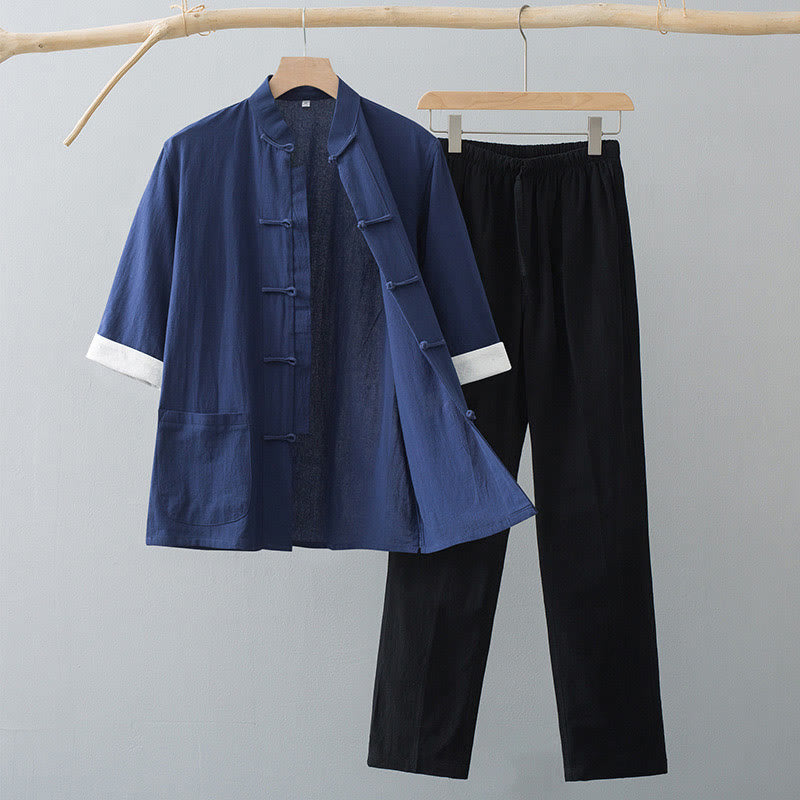 Buddha Stones Traditional Frog-Button Tang Suit Cotton Half Sleeve Top Pants Clothing Men's Set - Navy Blue Top&Black Pants - US/UK/AU44，EU54 (4XL)  - image 8