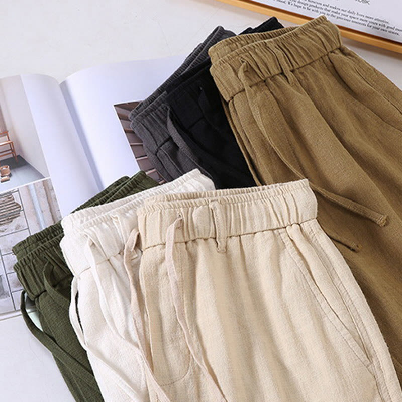 Buddha Stones Men's Solid Color Ramie Linen Drawstring Cropped Pants With Pockets - image 15