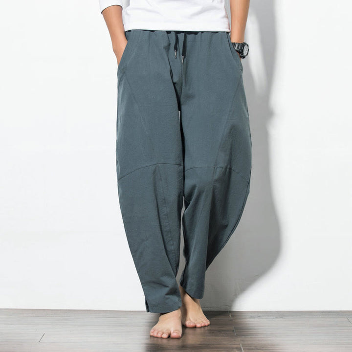 Buddha Stones Casual Men's Solid Color Linen Drawstring Pants With Pockets