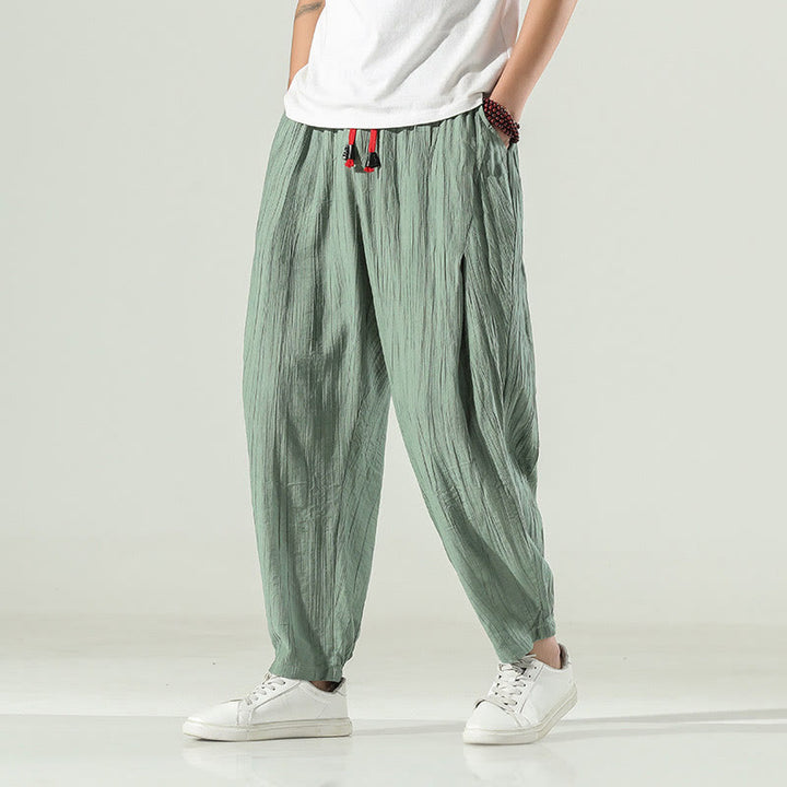 Buddha Stones Cotton Linen Men's Drawstring Harem Pants With Pockets