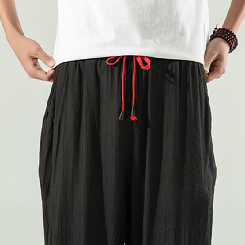 Buddha Stones Cotton Linen Men's Drawstring Harem Pants With Pockets