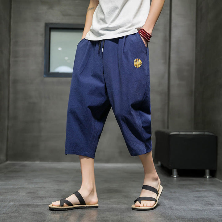 Buddha Stones Summer Men's Linen Drawstring Cropped Pants With Pockets