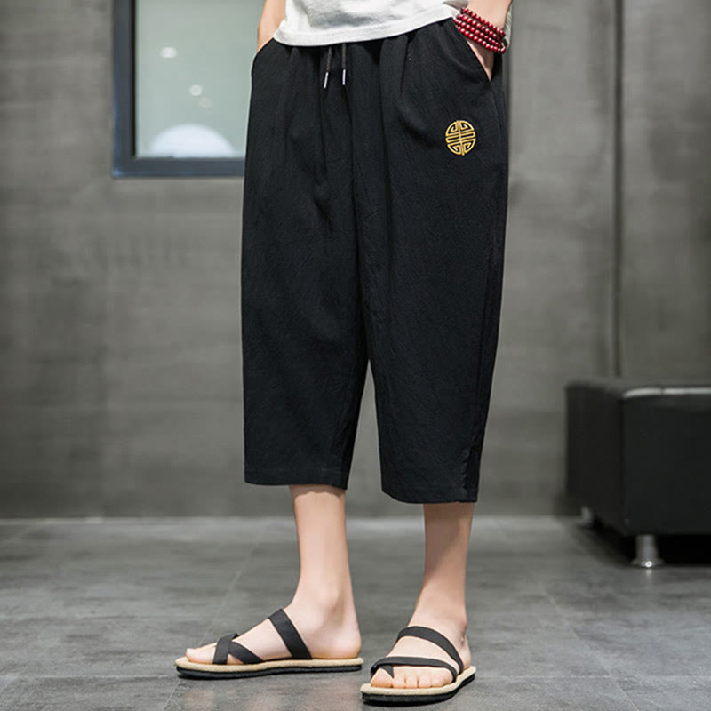 Buddha Stones Summer Men's Linen Drawstring Cropped Pants With Pockets