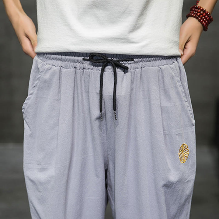 Buddha Stones Summer Men's Linen Drawstring Cropped Pants With Pockets